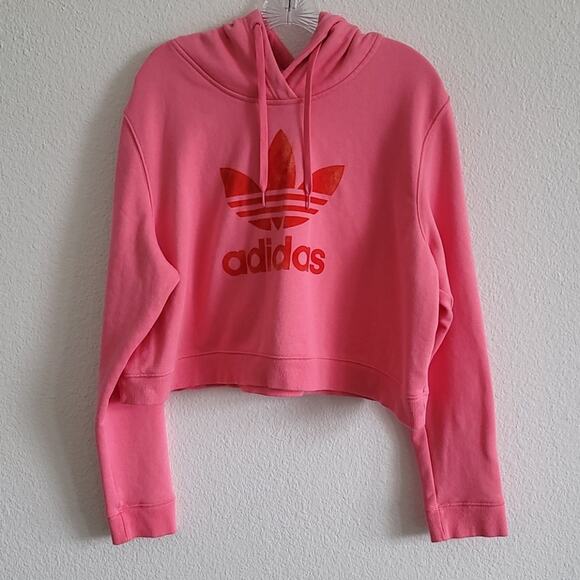 ADIDAS Hoodie Sweatshirt Colorado Cropped Velvet Trefoil Size Large Pink - Picture 1 of 9